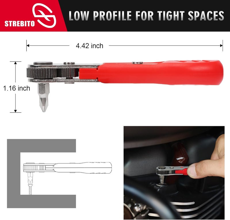 STREBITO Right Angle Screwdriver 14 Piece Mini Ratchet Set, Offset Screwdriver Low Profile Ratchet Screwdriver Set with 1/4 Ratchet, Hex, Phillips, and Torx, EDC Bit Driver for Tight Spaces, Bike - Image 4